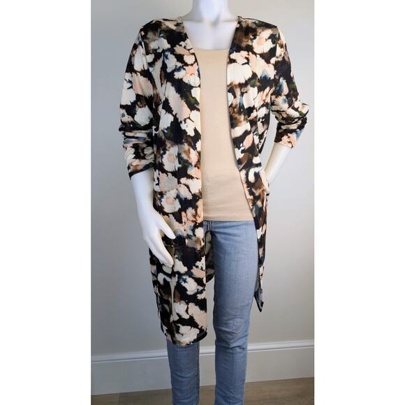 Nina Leonard Duster Cardigan XL Black Cream Bold Floral Print Open Front Pockets - Picture 2 of 11